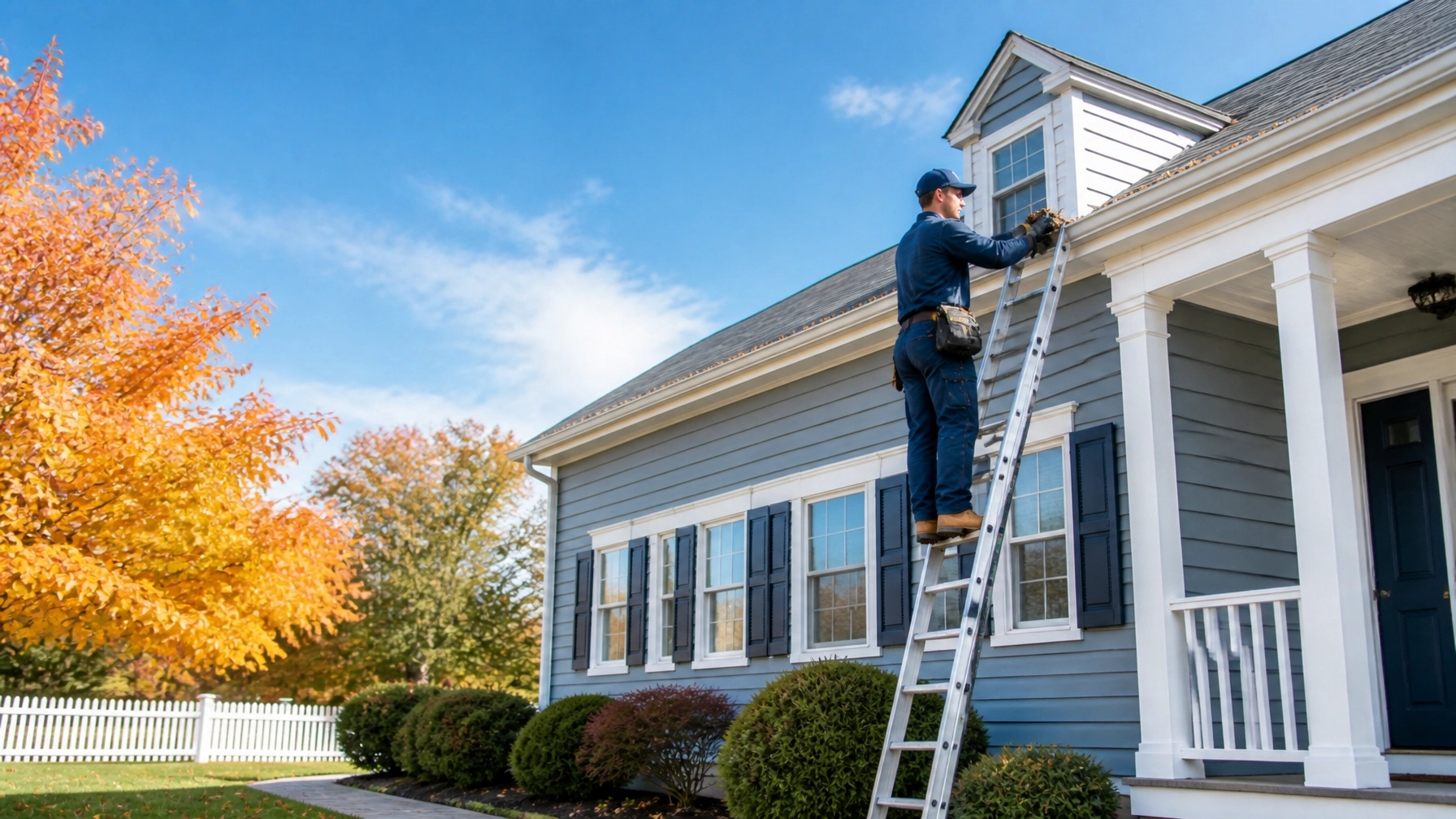 Technician performing gutter cleaning by clearing debris from a New England gutter