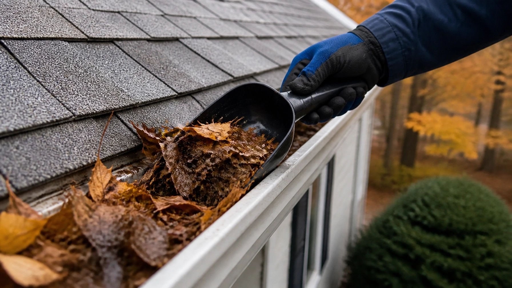 Autumn debris collected in a residential gutter under gutter guards