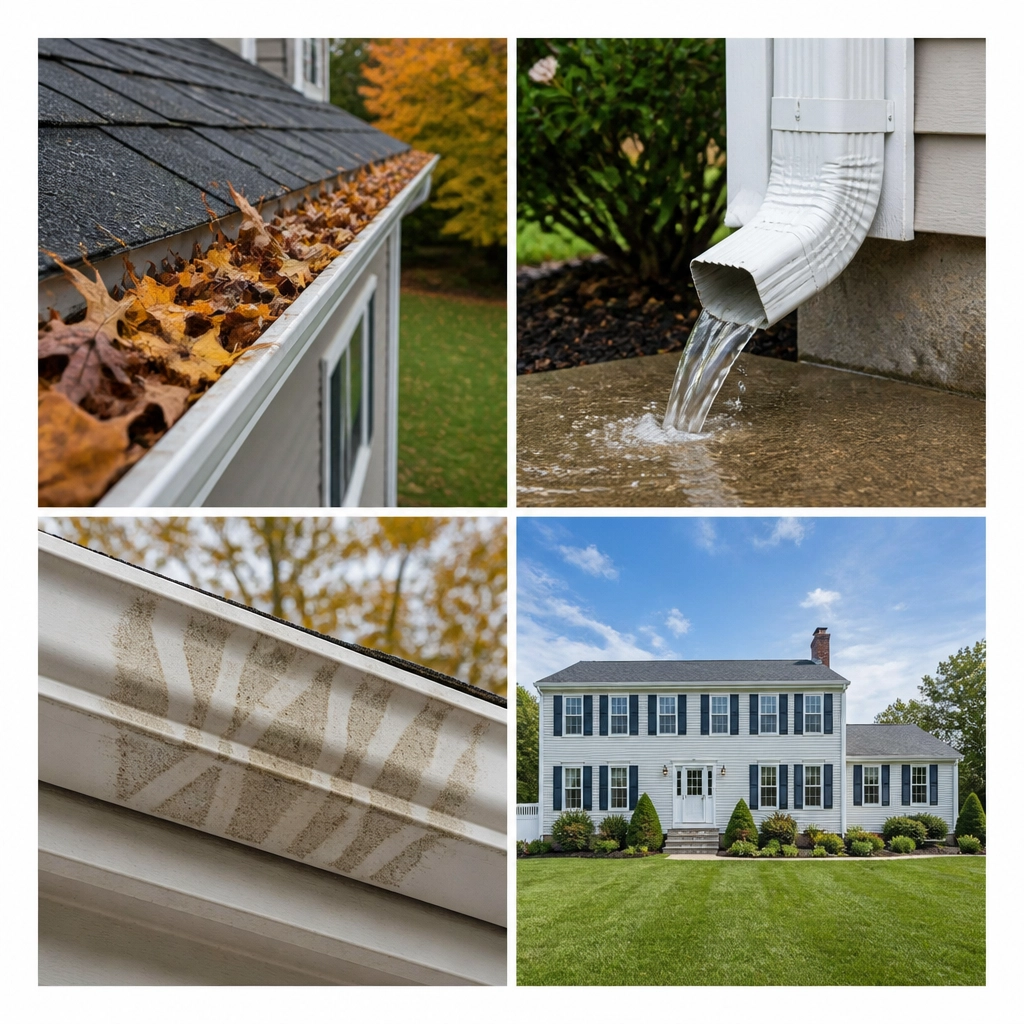 Four-panel collage of gutter debris, downspout flow, gutter staining, and a clean New England home after gutter cleaning