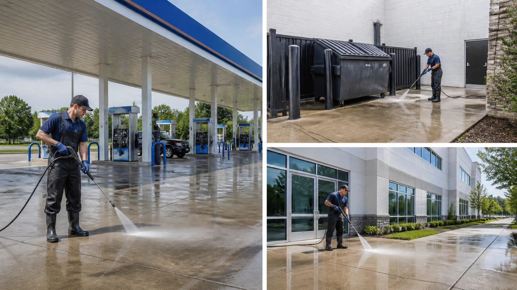 Commercial maintenance collage showing gas station concrete, restaurant dumpster pad, and office building entry cleaning
