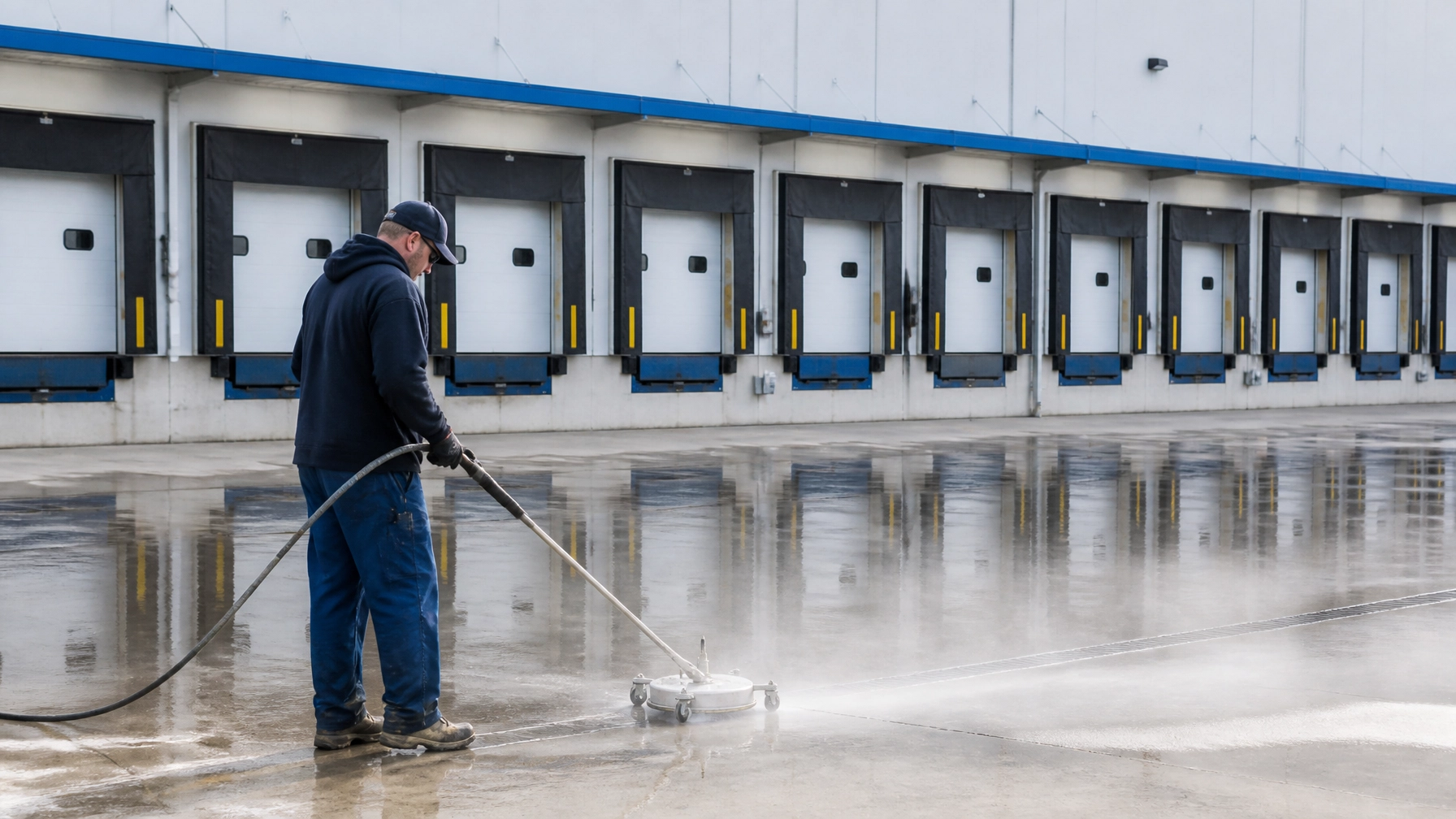 Distribution center and garage cleaning scene supporting routine commercial maintenance