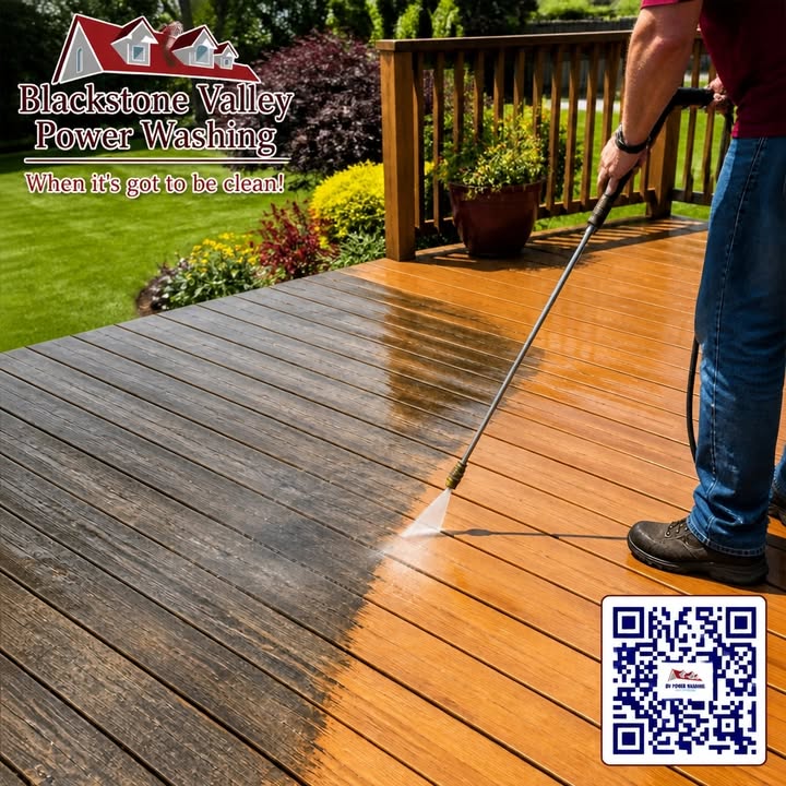 Professional deck cleaning result showing clean, restored wood beside weathered boards