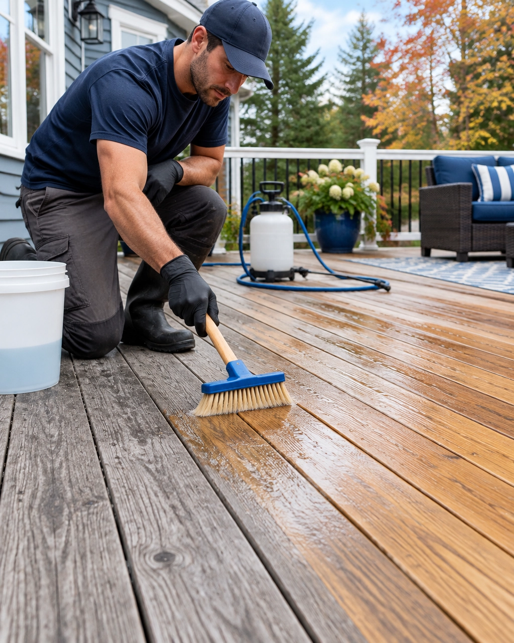 Close-up of the deck brightening step after deck cleaning, restoring natural wood tone along the grain