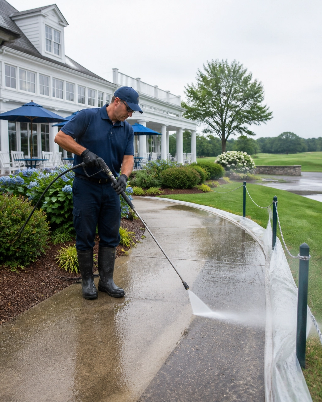 Professional concrete cleaning of a country club walkway beside the clubhouse