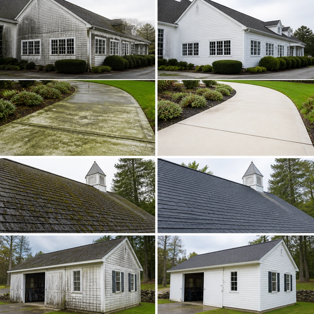 Collage-style before-and-after of golf club roof cleaning, exterior restoration, walkways, and outbuildings