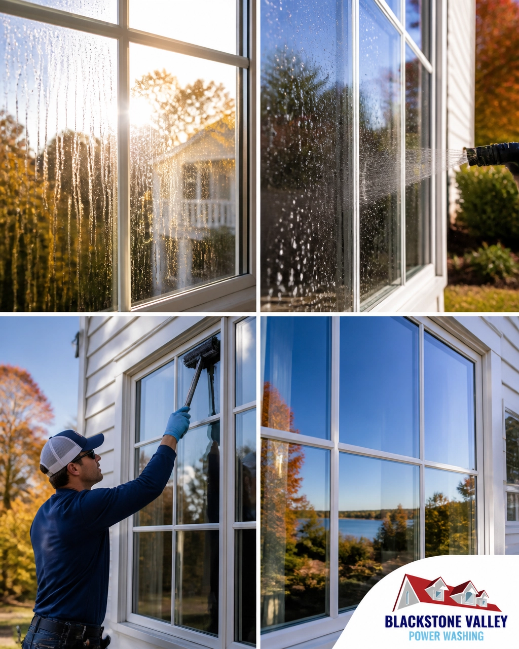Collage comparing DIY window washing streaks, hard water spots, and professional window cleaning results