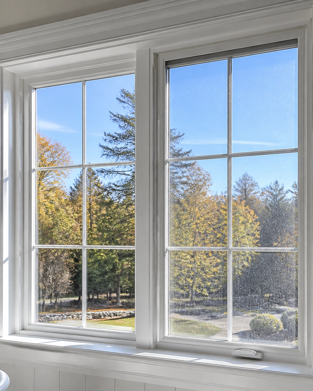 Clean residential windows after professional window washing, reflecting blue sky and New England autumn trees