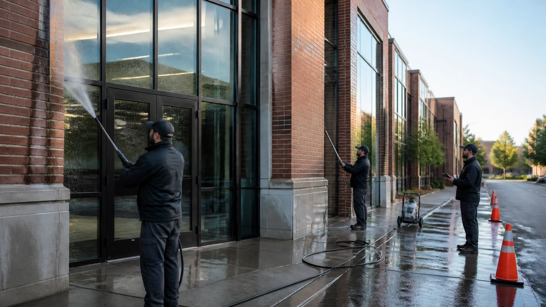Commercial building exterior being professionally washed in New England