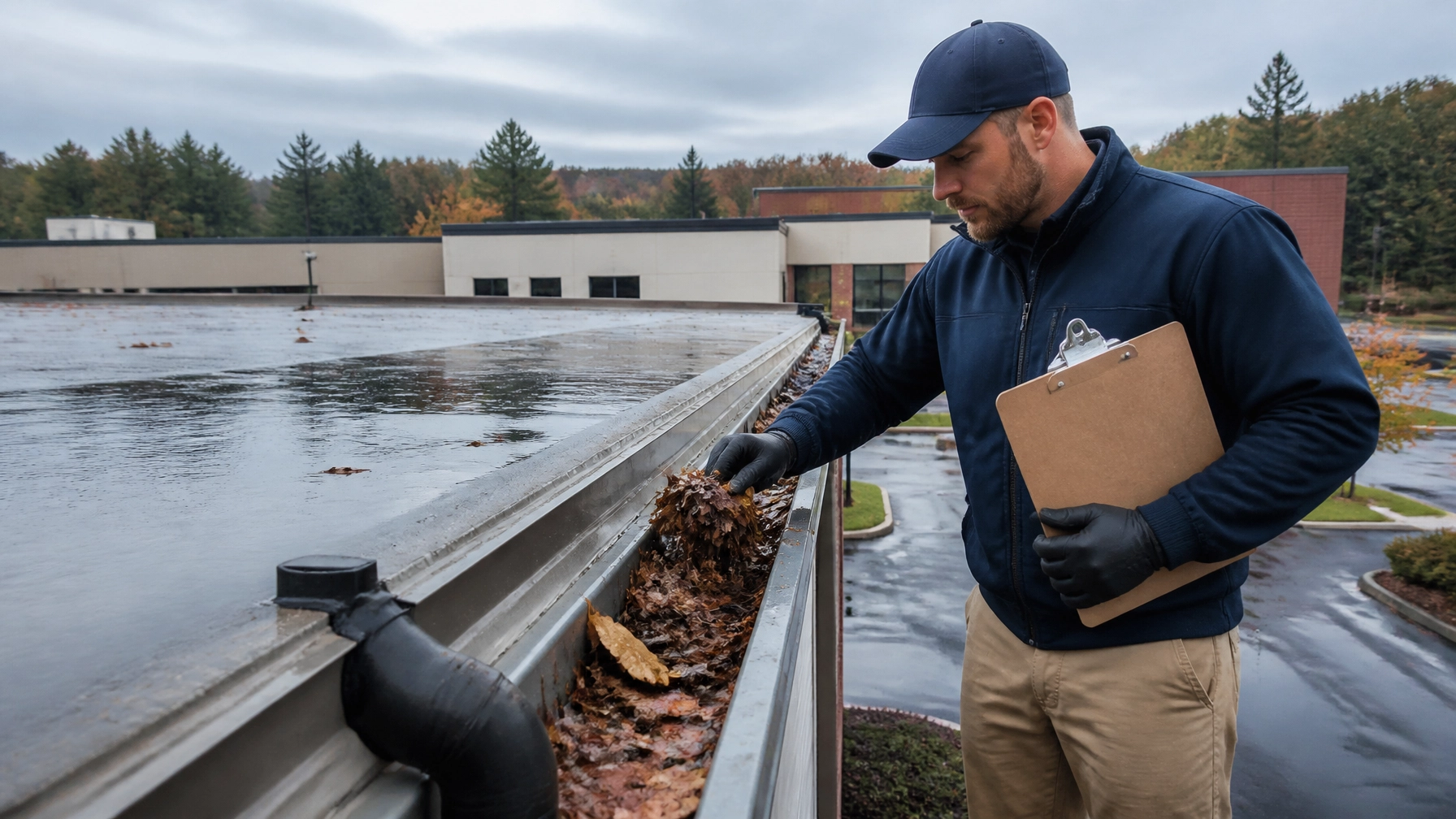 Technician inspecting a long commercial gutter line across a Massachusetts property portfolio