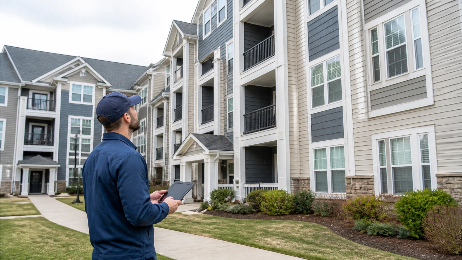 Technician inspecting a multi-unit condo property exterior in Massachusetts