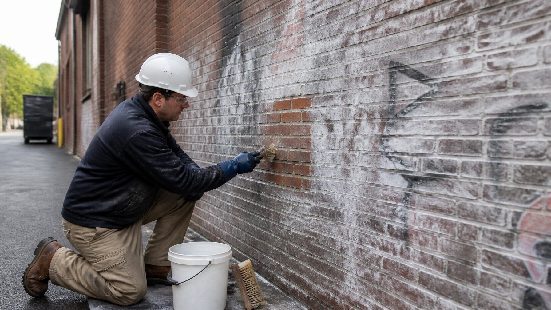 Technician restoring efflorescence on a commercial brick facade in New England