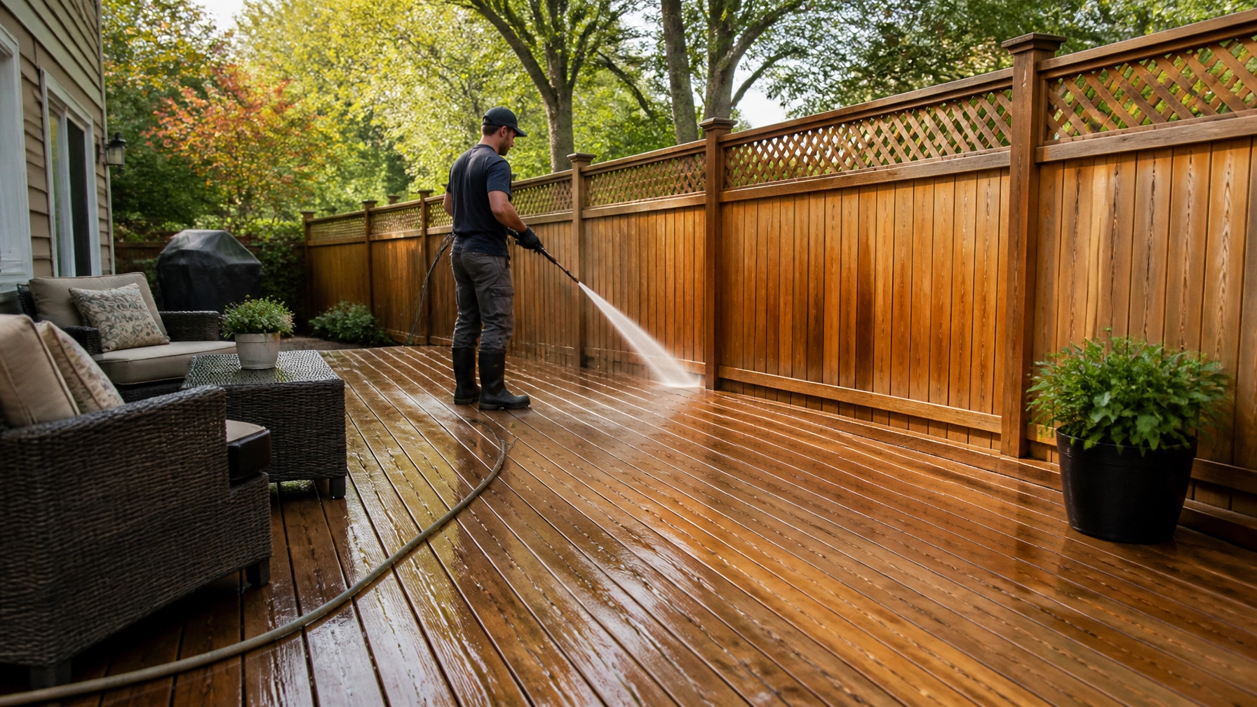 Technician cleaning a cedar deck and fence in a Massachusetts backyard