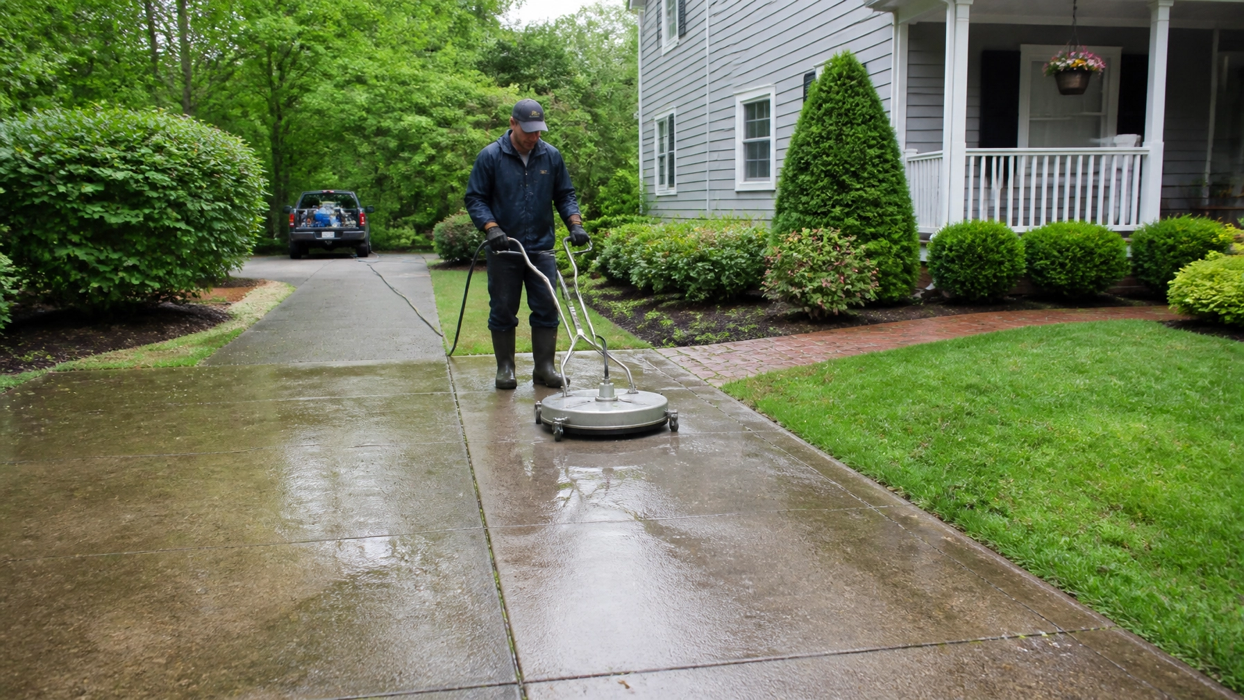 Technician surface-cleaning a concrete driveway and walkway at a Blackstone Valley Massachusetts home