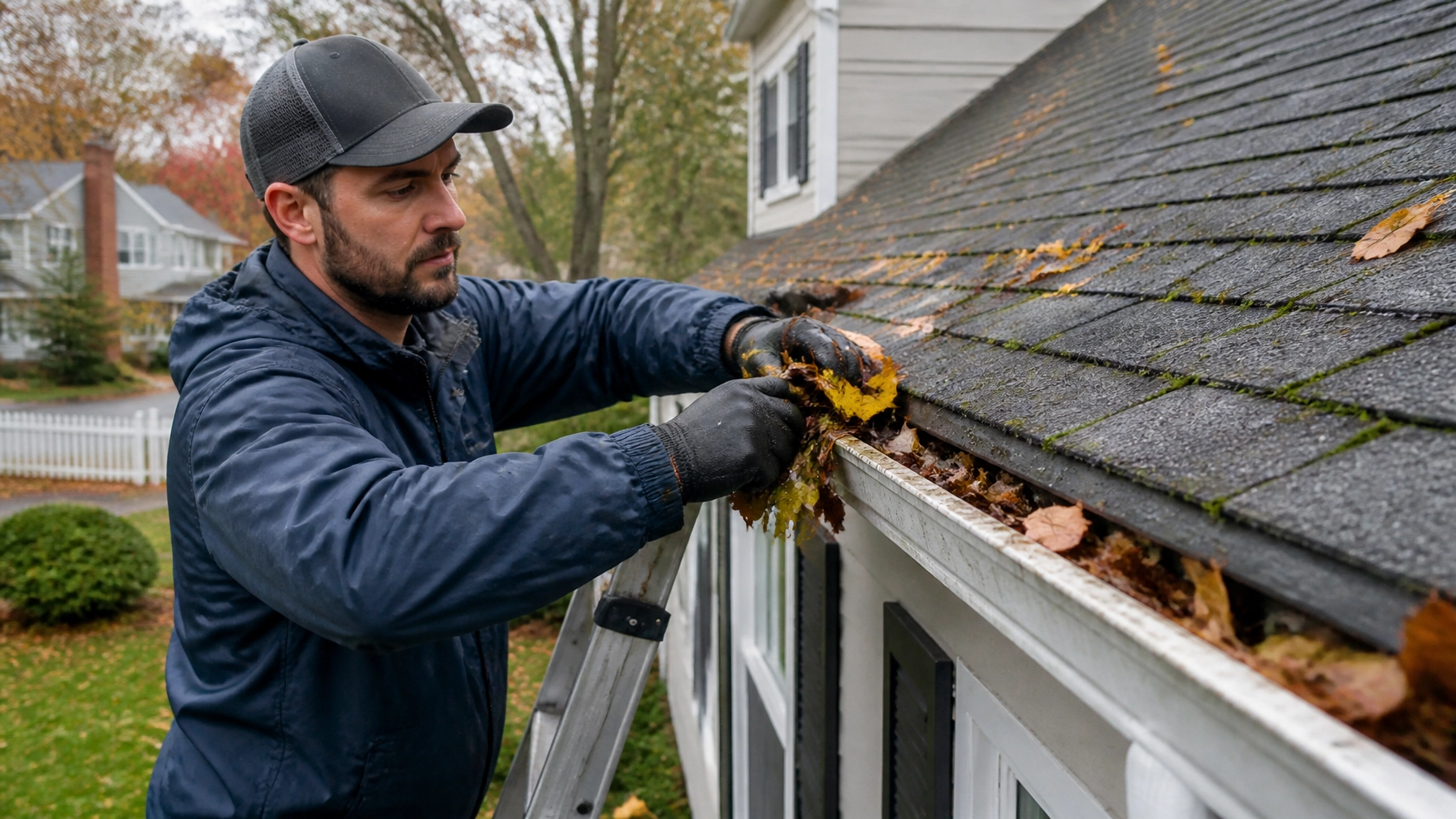 Technician clearing leaves from residential gutters and downspouts in Massachusetts