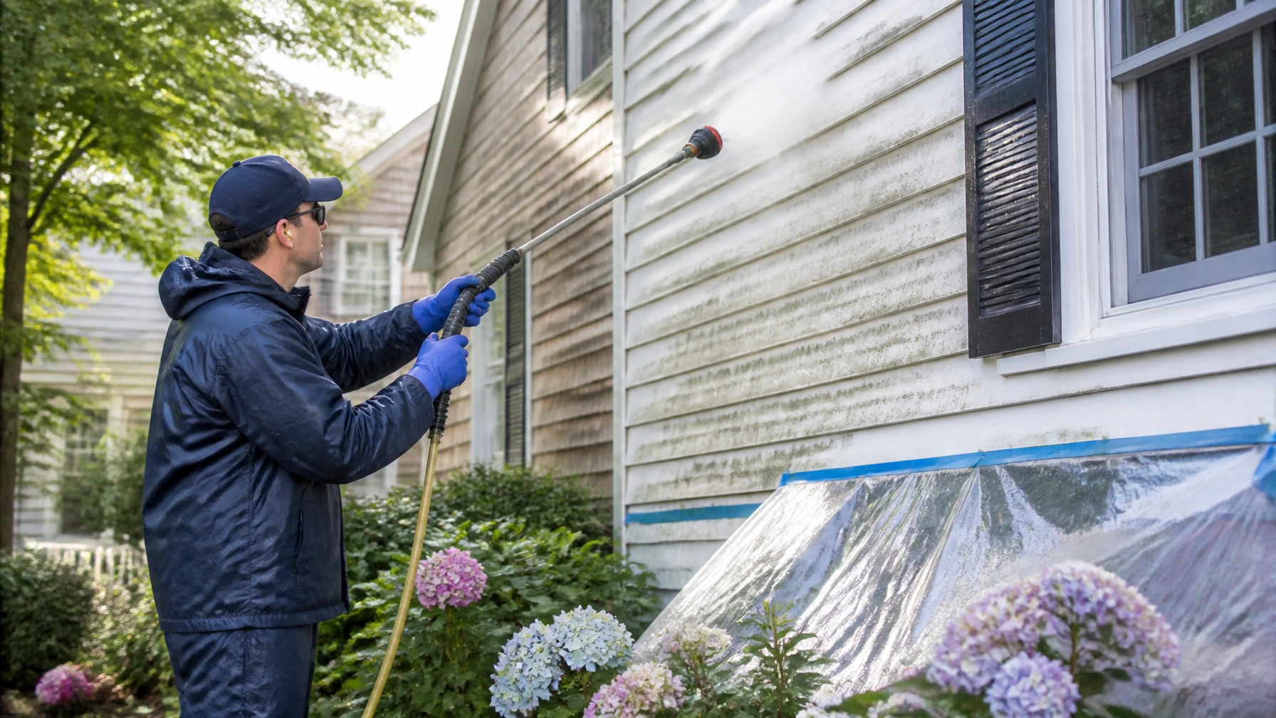 Technician gently soft-washing the siding of a New England home in Massachusetts