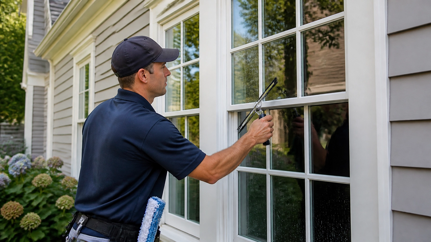 Professional detailing residential windows on a New England home in Massachusetts